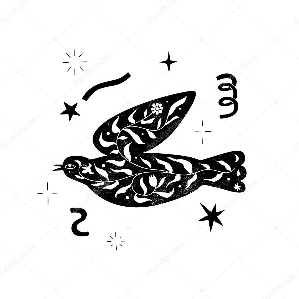 Black floral bird silhouette composition in minimal hand drawn folk style. Vector doodle logotype with organic textured flower branch. Good for cosmetics, beauty, tattoo, Spa, social media