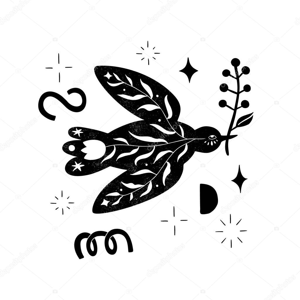 Black floral bird silhouette composition in minimal hand drawn folk style. Vector doodle logotype with organic textured flower branch. Good for cosmetics, beauty, tattoo, Spa, social media