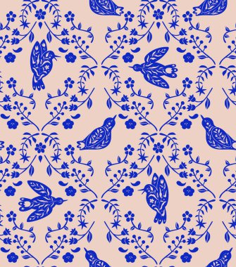 Floral bird seamless pattern. Minimal hand drawn folk style. Vector doodle texture with  folk flying birds and floral branches. Good for cosmetics, beauty, tattoo, Spa, social media. Blue on pink
