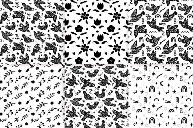 Floral bird seamless patterns set. Minimal hand drawn folk style. Vector doodle textures with flying birds and flower branches. Good for cosmetics, beauty, tattoo, Spa, social media. Black on white