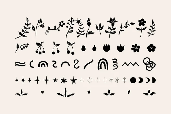 Floral Abstract Shapes Collection Minimal Hand Drawn Folk Style Set — Vetor de Stock