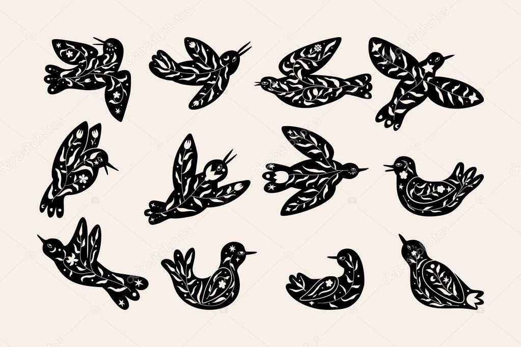 Black floral bird silhouettes set. Minimal hand drawn folk style. Vector doodle logotype with organic textured flying bird and floral branch. Good for cosmetics, beauty, tattoo, Spa, social media