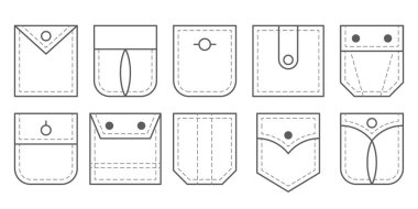 Yama cebi. Taslak çanta vektör simgeleri kümesi. Üniformalı sıradan kot pantolon yama cepleri. Jean gömlek kıyafet izole simgesi.