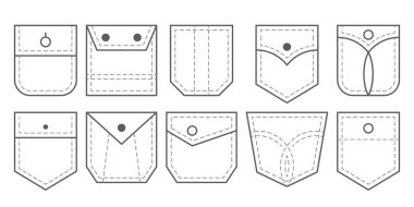 Yama cebi. Taslak çanta vektör simgeleri kümesi. Üniformalı sıradan kot pantolon yama cepleri. Jean gömlek kıyafet izole simgesi.