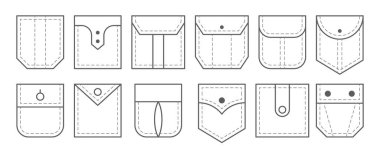 Yama cebi. Taslak çanta vektör simgeleri kümesi. Üniformalı sıradan kot pantolon yama cepleri. Jean gömlek kıyafet izole simgesi.