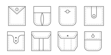 Yama cebi. Taslak çanta vektör simgeleri kümesi. Üniformalı sıradan kot pantolon yama cepleri. Jean gömlek kıyafet izole simgesi.