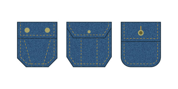 Patch pocket. Set of blue denim  bag vector icons. Uniform casual style jeans pockets patches. Jean shirt clothes isolated icon.