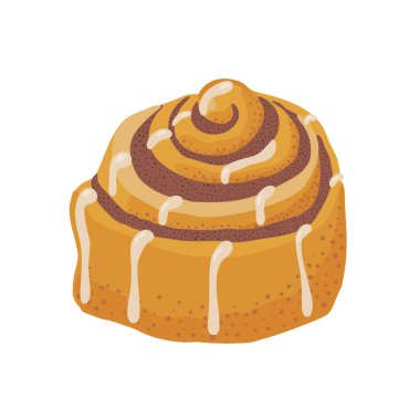 Şekerli karikatür tarzı vektör resimli tarçınlı çörek. Pişmiş tatlı karalama ikonu. Kafe menüsü, broşür, tebeşir tahtası için klip tasarımı. Taze İsveç kanelbullü Girdap hamur işi.