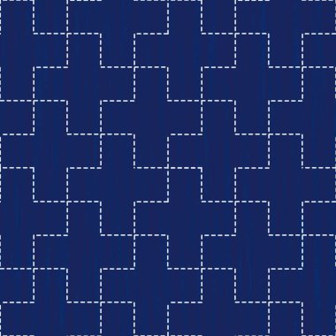 Japon sashiko nakış işlemesi kusursuz vektör deseni. İğne işi kumaş tasarımı. Basit bir Asya dikiş hattı süsüyle donatılmış arka plan. Geleneksel kravat Japon kimono motifini boyar.