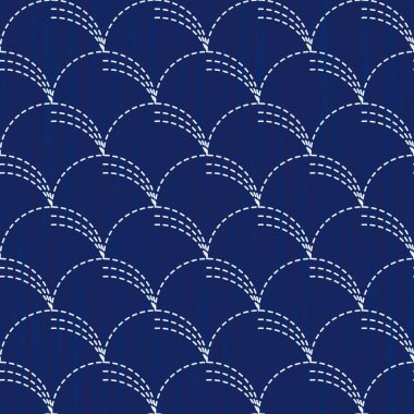 Japon sashiko nakış işlemesi kusursuz vektör deseni. İğne işi kumaş tasarımı. Basit bir Asya dikiş hattı süsüyle donatılmış arka plan. Geleneksel kravat Japon kimono motifini boyar. Bitkiler.