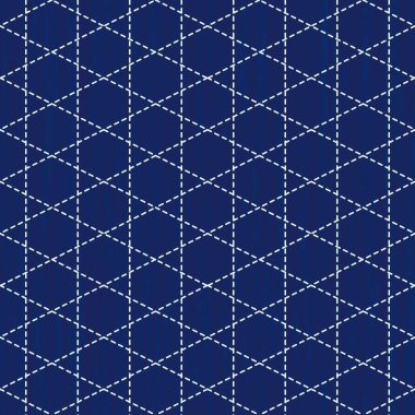 Japon sashiko nakış işlemesi kusursuz vektör deseni. İğne işi kumaş tasarımı. Basit bir Asya dikiş hattı süsüyle donatılmış arka plan. Geleneksel kravat Japon kimono motifini boyar. Bambu..