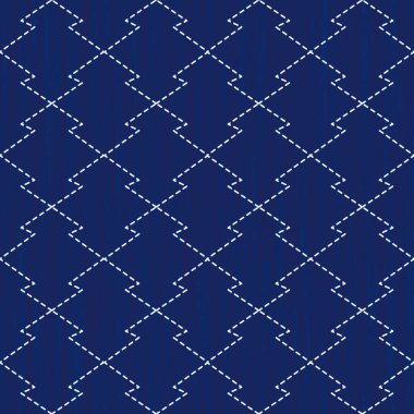 Japon sashiko nakış işlemesi kusursuz vektör deseni. İğne işi kumaş tasarımı. Basit bir Asya dikiş hattı süsüyle donatılmış arka plan. Geleneksel kravat Japon kimono motifini boyar. Çam kabuğu..