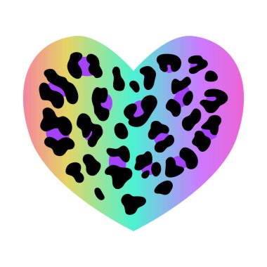 Gökkuşağı leopar derisi. Vektör kalp - aşkın sembolü. Çita noktalı holografik neon gradyan arkaplan. Soyut psikedelik hayvan. Parlak lgbt moda tasarım bayrağı.