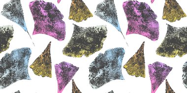 Ginkgo Biloba yaprağı vektörü kusursuz desen. İzole edilmiş Japon yaprakları. Sonbahar grunge el boyaması eskiz. Sağlık, ilaç, kaplıca, duvar kağıdı tasarımı için bitkisel altyapı.