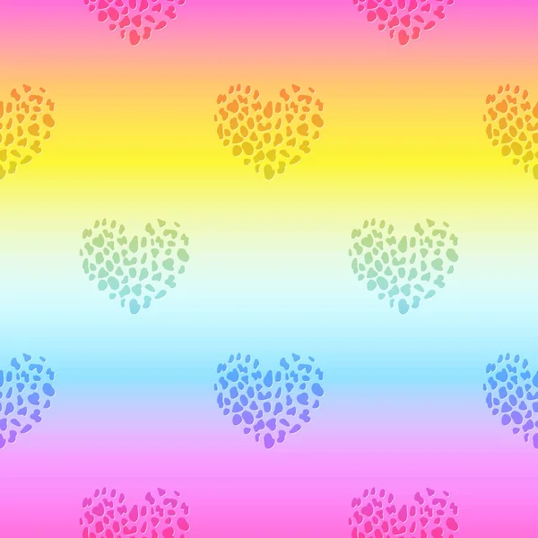 Rainbow Leopard Skin Vector Seamless Hearts Pattern Holographic Neon Gradient — Stock Vector