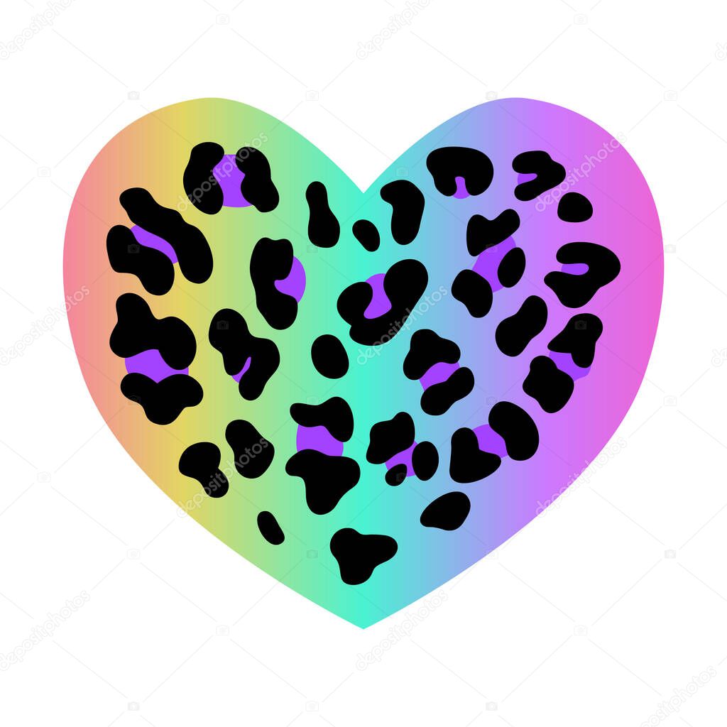 Rainbow leopard skin. Vector heart - symbol of love. Holographic neon gradient background with cheetah dots. Abstract psychedelic animal. Bright lgbt fashion design flag.