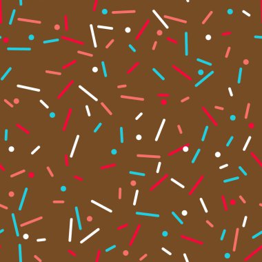 Donut gökkuşağı vektörünü kusursuz arkaplan şeklinde serpiyor. Konfeti kremalı pasta. Dondurma doğum günü partisi modeli. Çocuklar pastane dokusunu tekrarlıyor..
