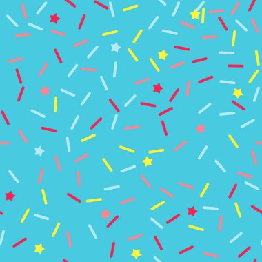 Donut gökkuşağı vektörünü kusursuz arkaplan şeklinde serpiyor. Konfeti kremalı pasta. Dondurma doğum günü partisi modeli. Çocuklar pastane dokusunu tekrarlıyor..