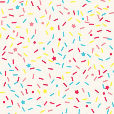 Donut gökkuşağı vektörünü kusursuz arkaplan şeklinde serpiyor. Konfeti kremalı pasta. Dondurma doğum günü partisi modeli. Çocuklar pastane dokusunu tekrarlıyor..