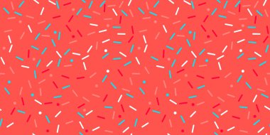 Donut gökkuşağı vektörünü kusursuz arkaplan şeklinde serpiyor. Konfeti kremalı pasta. Dondurma doğum günü partisi modeli. Çocuklar pastane dokusunu tekrarlıyor..