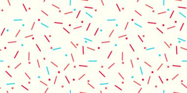 Donut gökkuşağı vektörünü kusursuz arkaplan şeklinde serpiyor. Konfeti kremalı pasta. Dondurma doğum günü partisi modeli. Çocuklar pastane dokusunu tekrarlıyor..