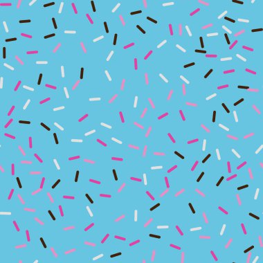 Donut gökkuşağı vektörünü kusursuz arkaplan şeklinde serpiyor. Konfeti kremalı pasta. Dondurma doğum günü partisi modeli. Çocuklar pastane dokusunu tekrarlıyor..