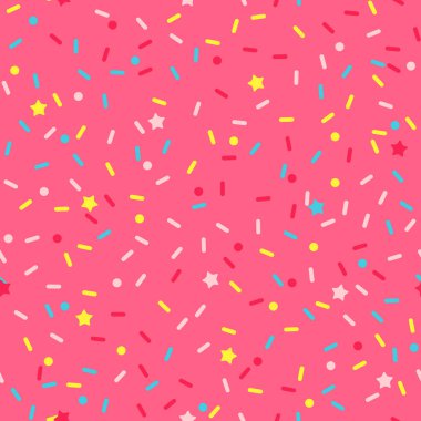 Donut gökkuşağı vektörünü kusursuz arkaplan şeklinde serpiyor. Konfeti kremalı pasta. Dondurma doğum günü partisi modeli. Çocuklar pastane dokusunu tekrarlıyor..