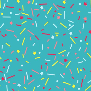 Donut gökkuşağı vektörünü kusursuz arkaplan şeklinde serpiyor. Konfeti kremalı pasta. Dondurma doğum günü partisi modeli. Çocuklar pastane dokusunu tekrarlıyor..