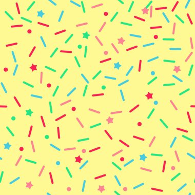 Donut gökkuşağı vektörünü kusursuz arkaplan şeklinde serpiyor. Konfeti kremalı pasta. Dondurma doğum günü partisi modeli. Çocuklar pastane dokusunu tekrarlıyor..