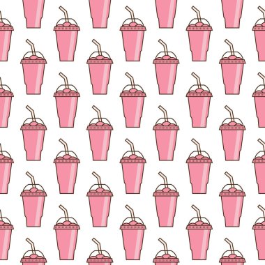 Vector slush drink seamless pattern. Cartoon ice cup (Frozen Drink). Emoji clipart drawing of tropical smoothie shake.