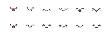 Vector kawaii anime emoji izole simgeler seti. Çizgi film logosu koleksiyonu. Özet çizim. Japon mangası resmi.