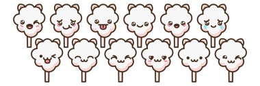 Cotton candy emoji vector characters set. Anime style cartoon sweet food. Funny kawaii face isolated clipart drawing. Carnival party cloud snack. Cute illustration.