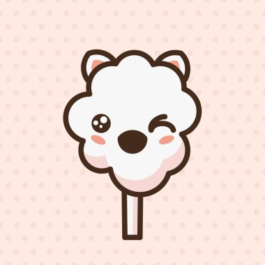 Cotton candy peach kat emoji vector character. Anime style cartoon sweet food. Funny kawaii face isolated clipart drawing. Carnival party cloud snack. Cute illustration.