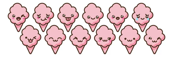 Zuckerwatte Emoji Vektor Zeichen Gesetzt Anime Stil Cartoon Süßes Essen — Stockvektor