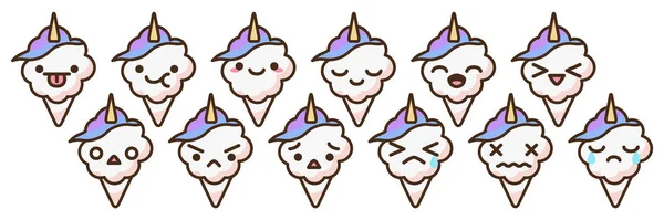 Cotton Candy Unicorn Emoji Vector Characters Set Anime Style Cartoon — Stock Vector