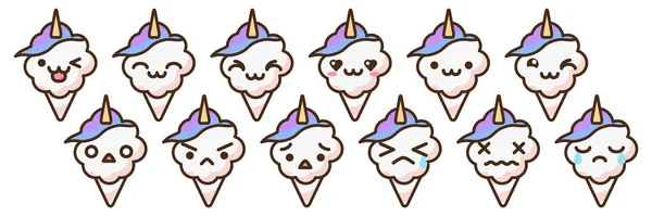 Zuckerwatte Einhorn Emoji Vektor Zeichen Gesetzt Anime Stil Cartoon Süßes — Stockvektor