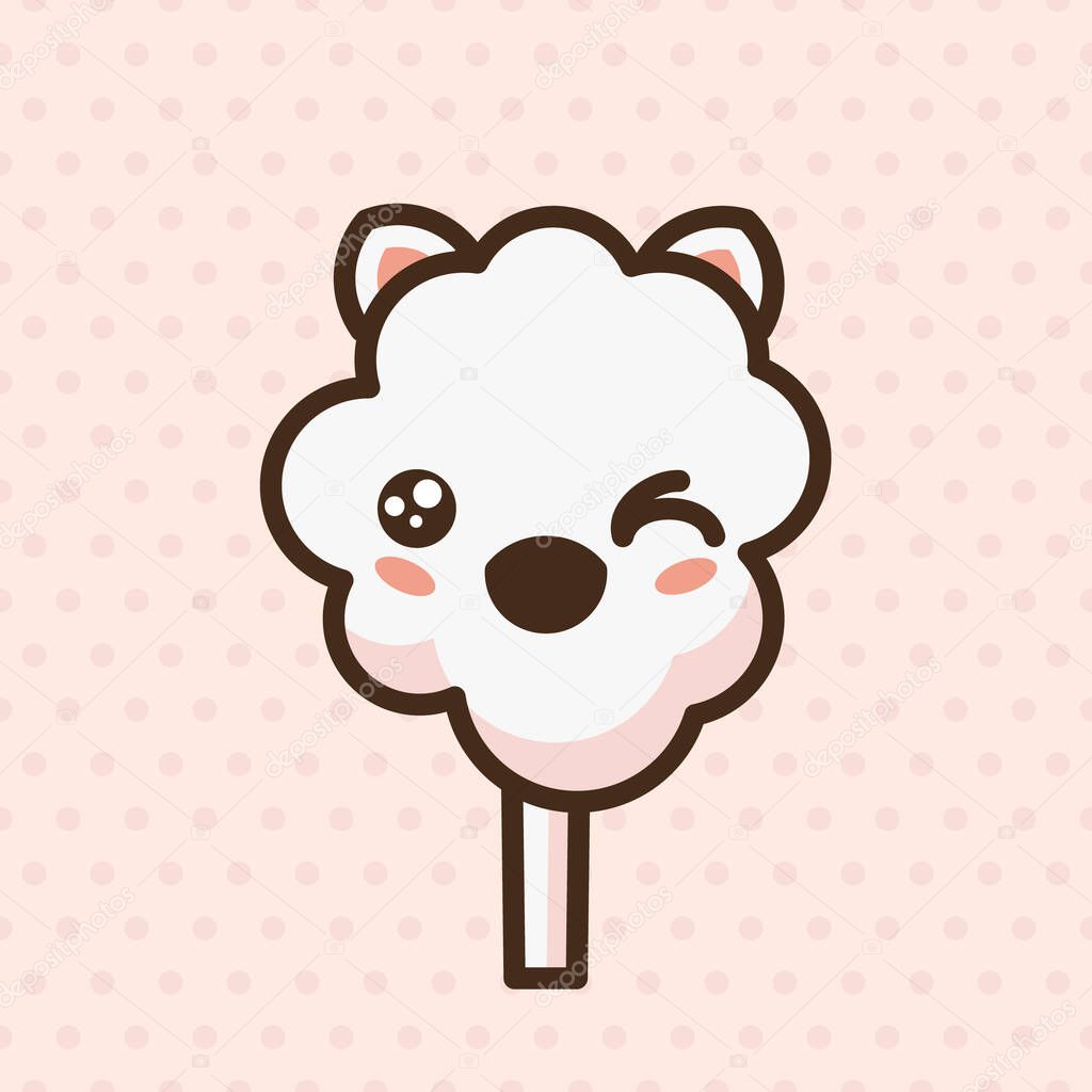 Cotton candy peach kat emoji vector character. Anime style cartoon sweet food. Funny kawaii face isolated clipart drawing. Carnival party cloud snack. Cute illustration.