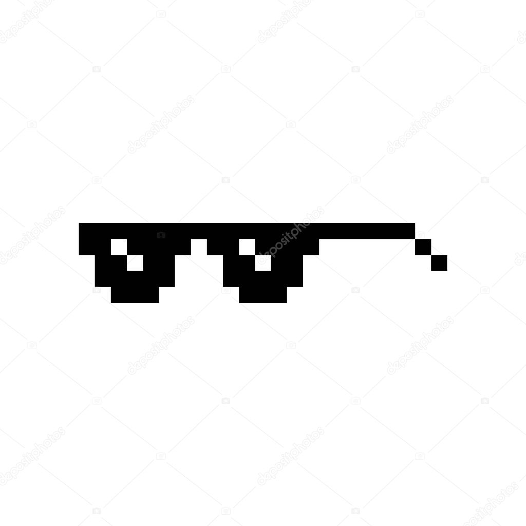 Black pixel Boss glasses meme vector illustration. Thug life design. 8 bit mafia gangster funky logo. Summer rap music isolated graphic element.