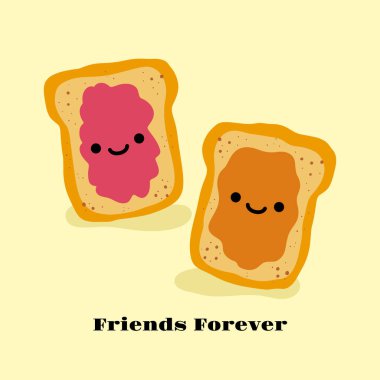 Fıstık ezmesi ve reçel üzerine tost vektörü çizimi. Komik el çizimi şirin karakterler. Ulusal Kankalar Günü kartı. Gülümseyen kawaii yüzü.