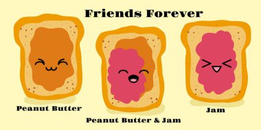 Fıstık ezmesi ve reçel üzerine tost vektörü çizimi. Komik el çizimi şirin karakterler. Ulusal Kankalar Günü kartı. Gülümseyen kawaii yüzü.