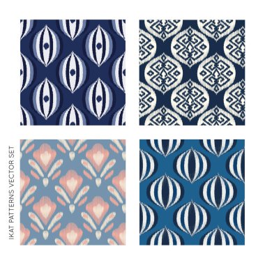 Ikat kusursuz ogee vektör desenleri ayarlandı. Aztek kabilesinin soyut modern tekstil baskısı. Çizgili ve sembollü Damask tarzı bir arka plan. Etnik kumaş. Boho geometrik moda tasarımı.