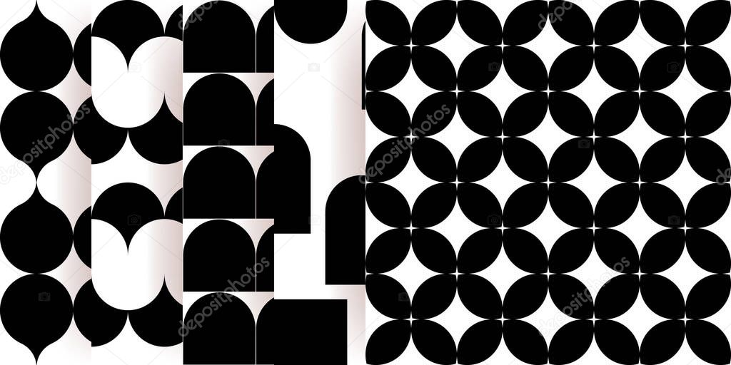 Boho seamless patterns set in a minimal mid century modern style. Celestial geometry Vector texture design. Geometric black and white background for cosmetics, tattoo, Spa, social media.