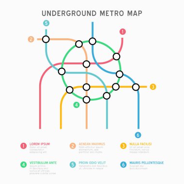 Metro haritası bilgi vektör şablonu. Şehir metrosunun ulaşım şeması. Yer altı bağlantısı üst görünümü. Endüstriyel ulaşım labirenti renkli illüstrasyon.