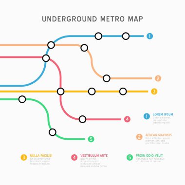 Metro haritası bilgi vektör şablonu. Şehir metrosunun ulaşım şeması. Yer altı bağlantısı üst görünümü. Endüstriyel ulaşım labirenti renkli illüstrasyon.