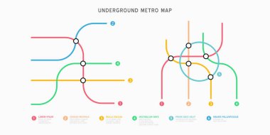 Metro haritası bilgi vektör şablonu. Şehir metrosunun ulaşım şeması. Yer altı bağlantısı üst görünümü. Endüstriyel ulaşım labirenti renkli illüstrasyon.