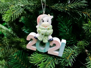 Şapkası ve atkısı olan mutlu beyaz ineğin sevimli figürü ve yeni yılın sembolü olan Noel ağacındaki 2021 rakamları..