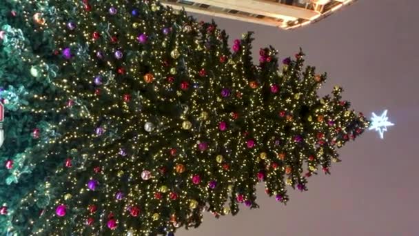 夜の街の広場にカラフルなガラスボールとクリスマスツリー 光が輝き 雪が降る 一番上の星が点灯します 垂直ビデオ — ストック動画