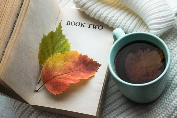 An old book with yellowed pages and the inscription Book two inside which bright leaves. Next to a Cup of tea, inside which floats a yellow leaf. Against the background of a knitted cozy sweater.