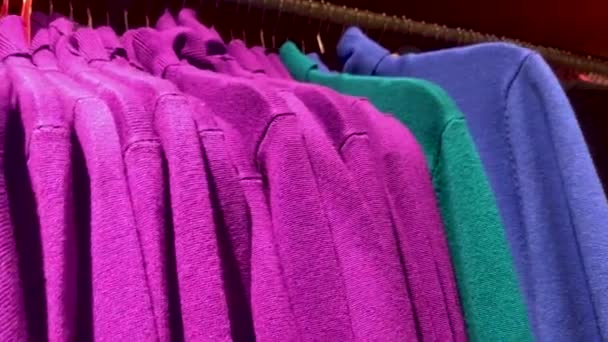 Gerakan Kamera Sepanjang Deretan Besar Wanita Berwarna Warni Jumper Dan — Stok Video