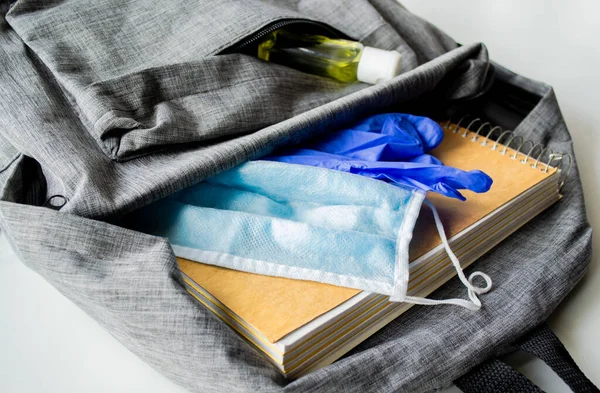 Backpack Sanitizer Mask Gloves Notebook Concept Study Pandemic Travel Personal — Stock Photo, Image
